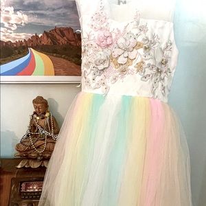 Cream party or play dress with floral appliqués and pastel tulle. Never worn.